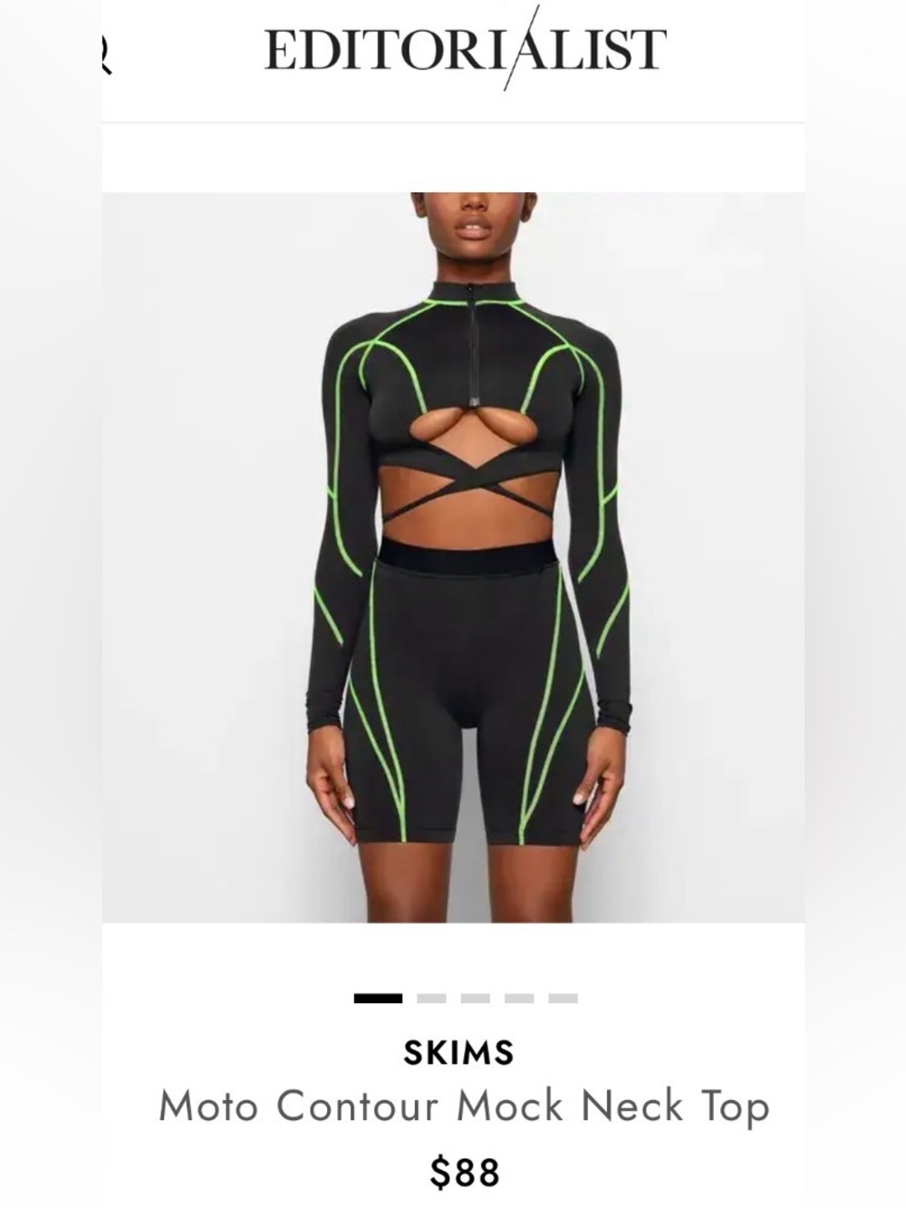 SKIMS Black Crop Moto Contour Mock Neck Top with Neon Green Stitching